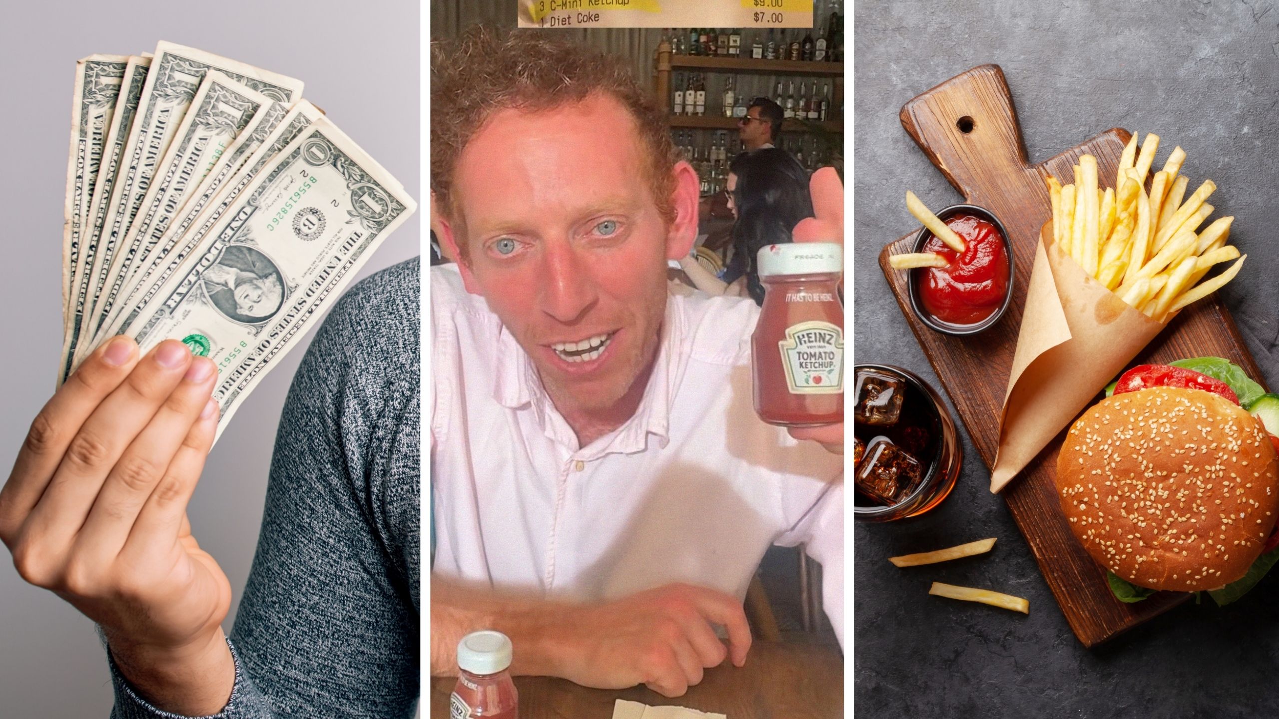 man holding money (l) man shares restaurant experience (c) burger with fries and ketchup (r)