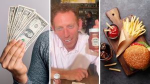 man holding money (l) man shares restaurant experience (c) burger with fries and ketchup (r)