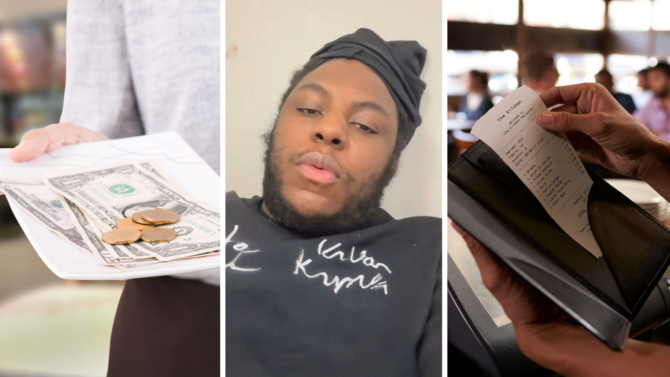 server gets minimum tip (l) man shares dining out issue (c) server bringing bill to group (r)