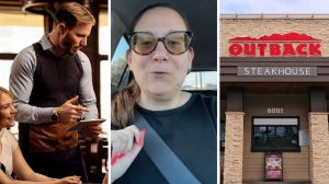 waiter taking food orders (l) woman shares outback steakhouse experience (c) Outback steakhouse entrance (r)