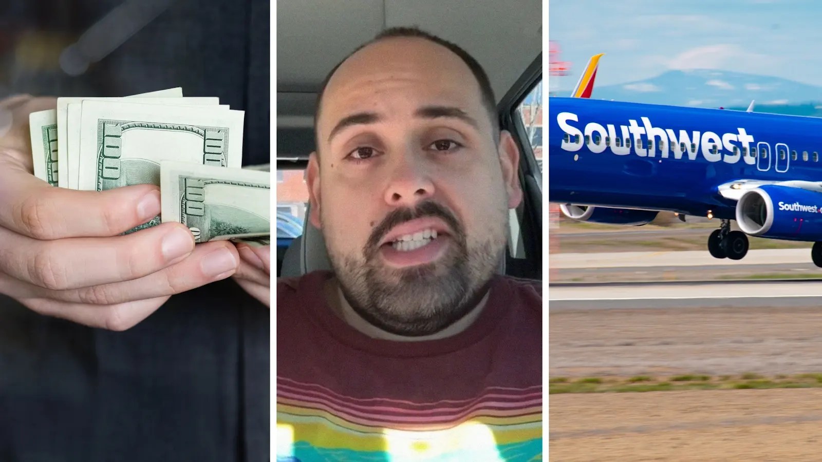 man spends money (l) man shares southwest airlines issue (c) Southwest airlines aircraft (r)
