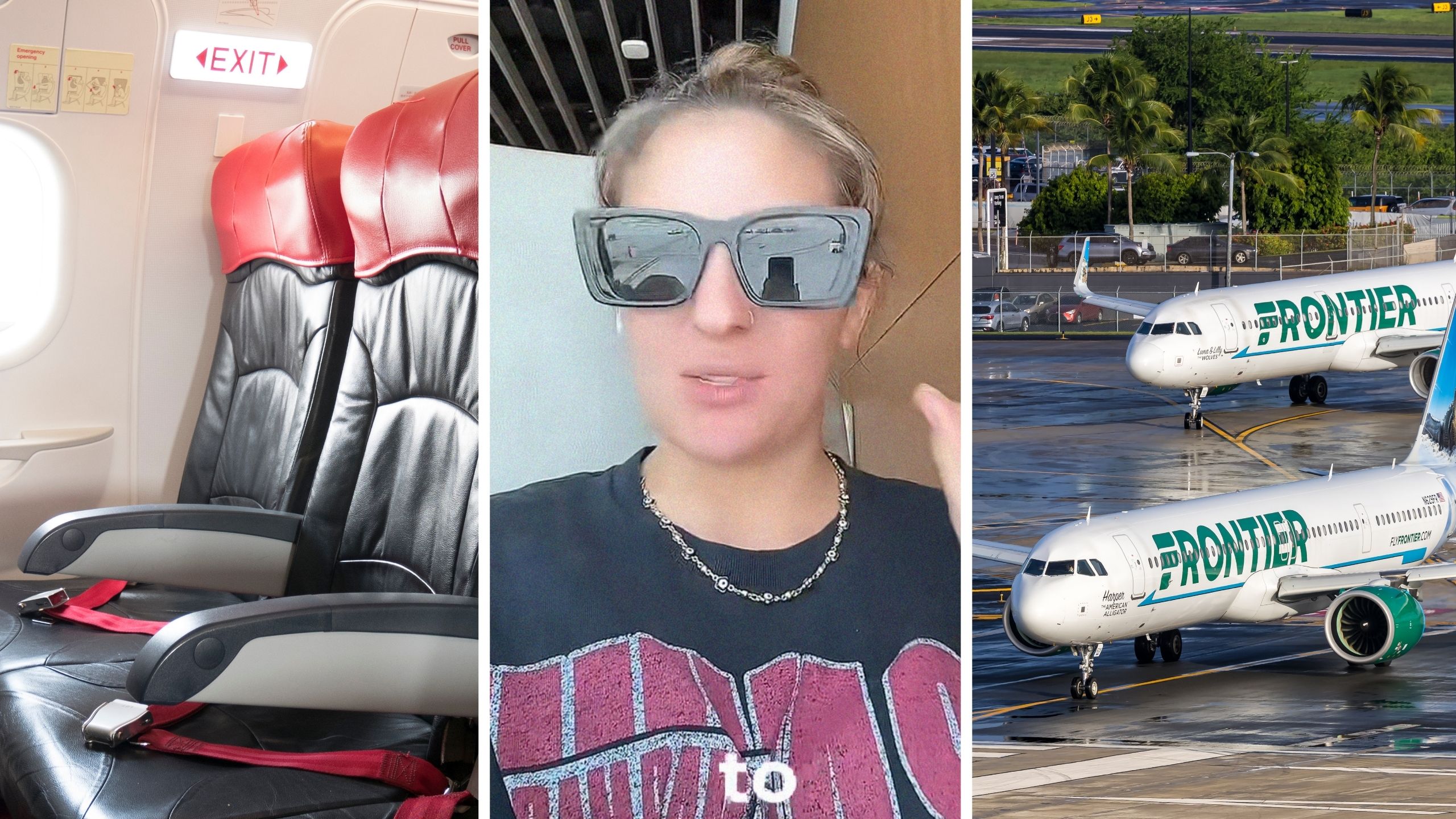 plane exit row (l) woman shares frontier airlines issue (c) Frontier airlines plane (r)