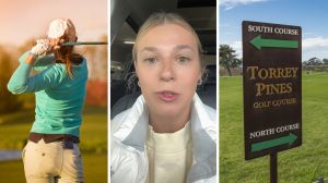 woman goes golfing (l) woman shares golfing shop experience (c) Golfing shop signs (r)