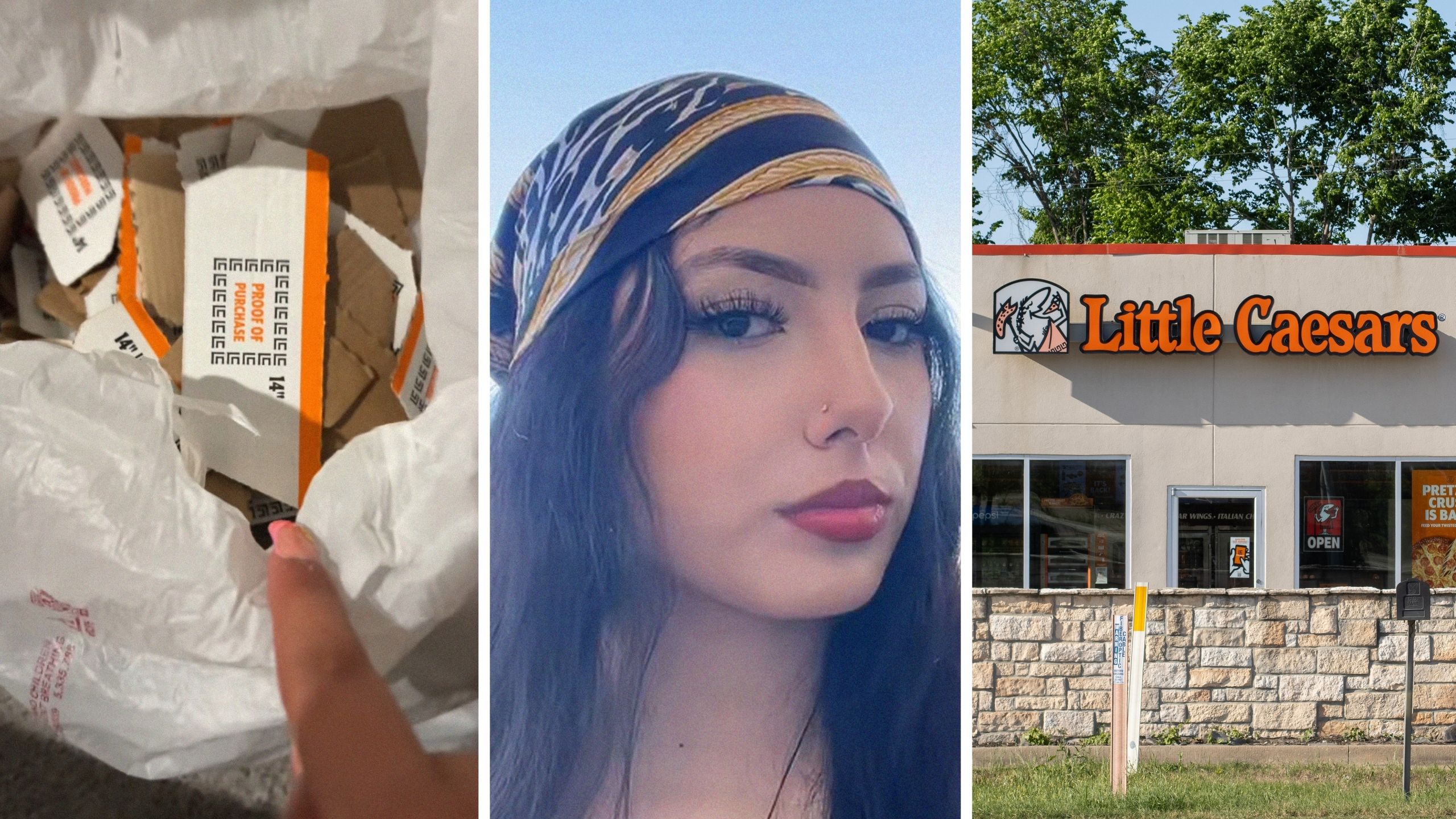 box tabs (l) woman shares collection (c) Little caesars front door (r)