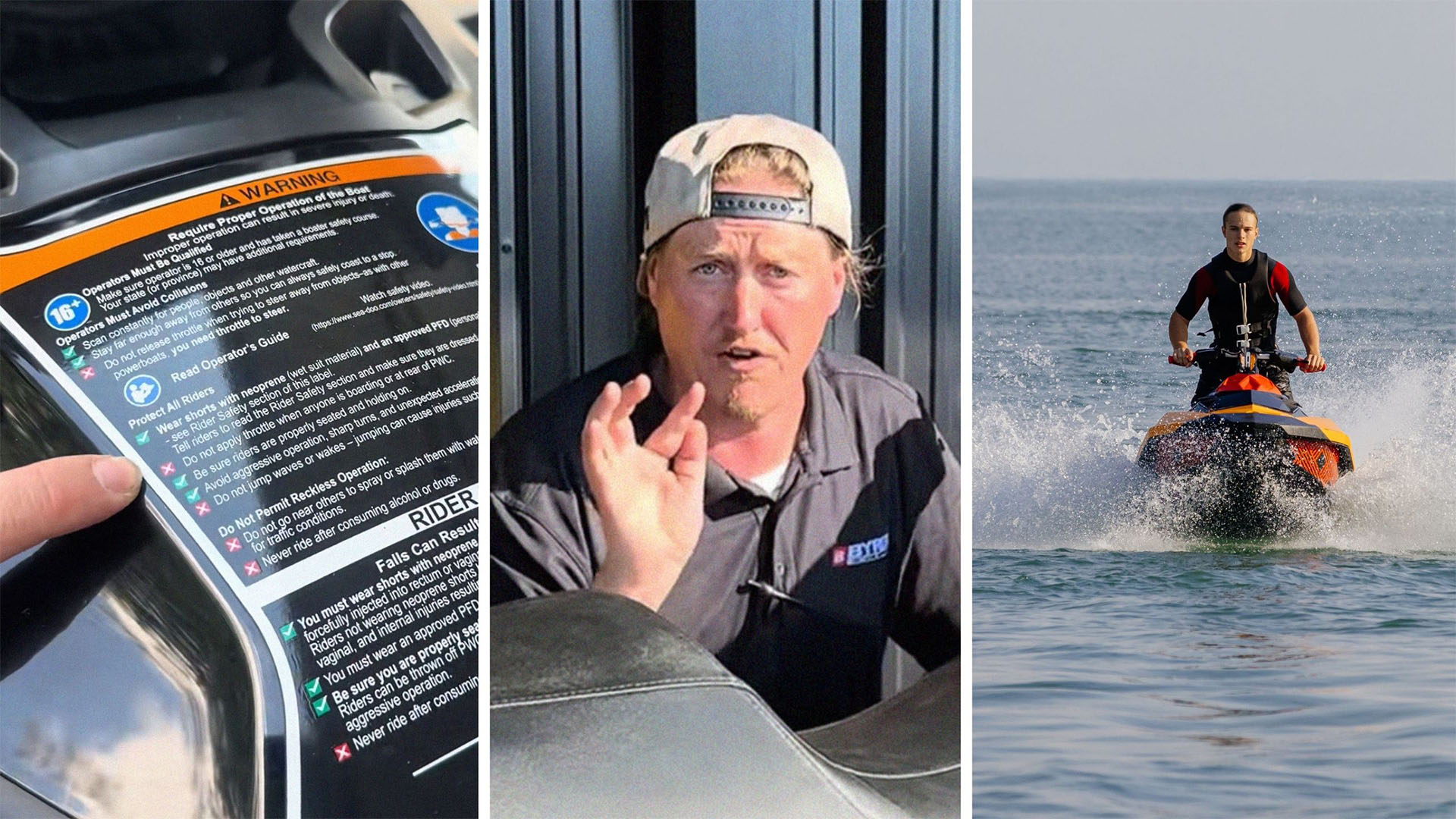 warning points (l) man shares Jetski's similarities (c) man on Jetski (r)
