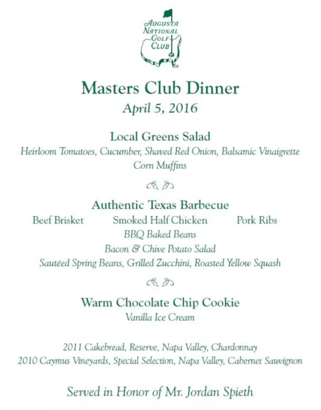 Jordan Spieth Masters dinner menu
