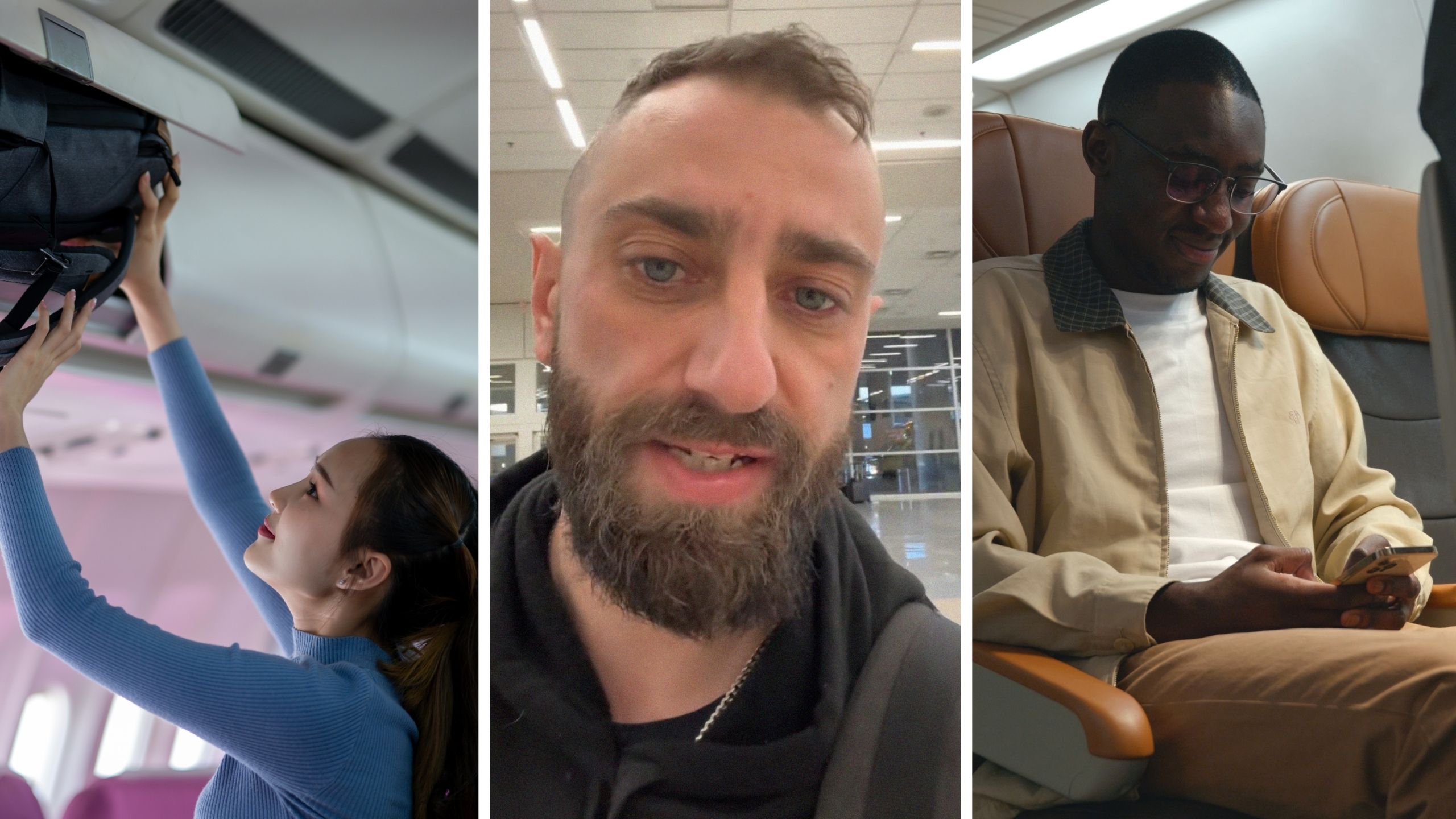 woman in flight (l) man shares psa to passengers girlfriend (c) man (r)
