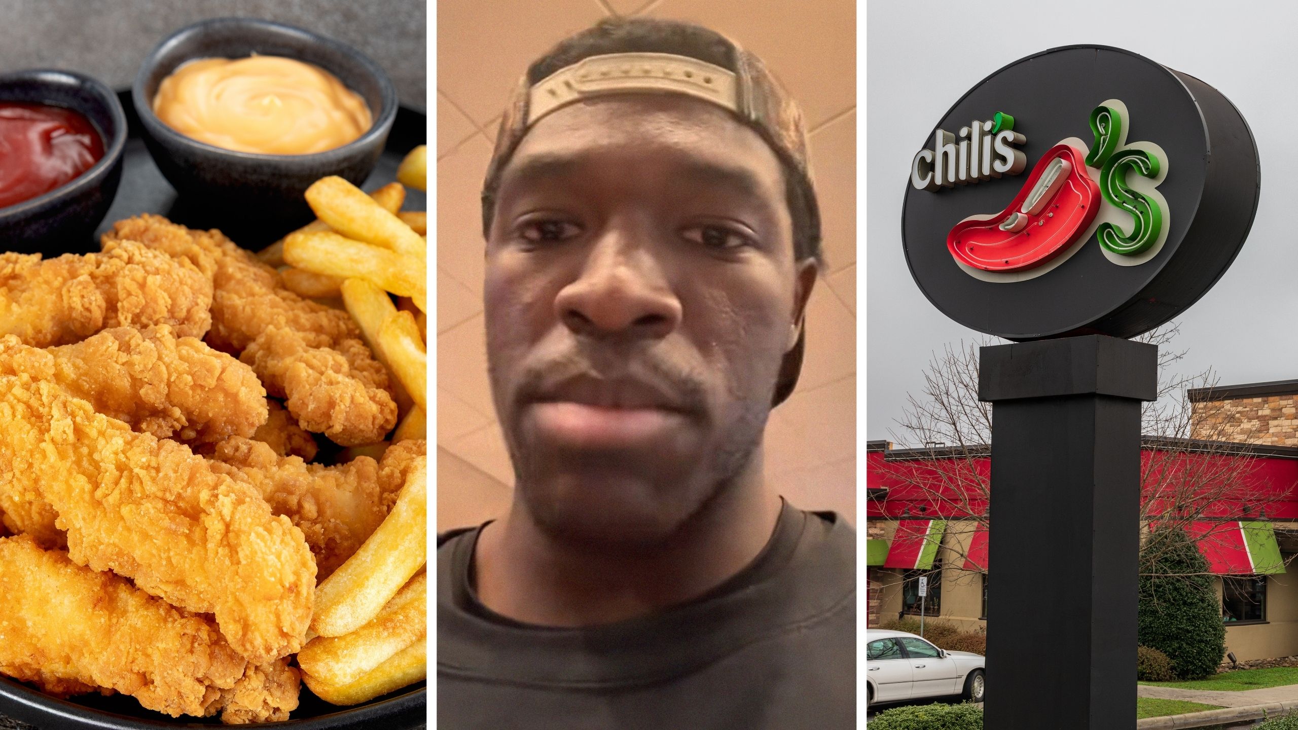 chicken tenders (l) man shares food order issue (c) Chili's restaurant (r)