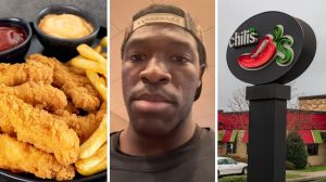 chicken tenders (l) man shares food order issue (c) Chili's restaurant (r)