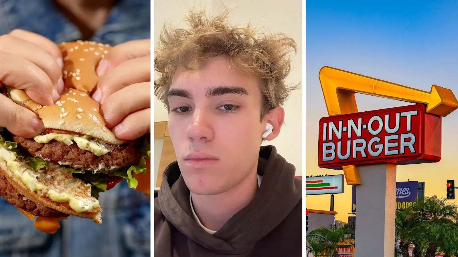 juicy burger (l) man shares food order he overheard (c) In N our burgers drive-thru (r)