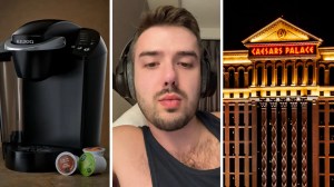 Keurig machine and cups (l) man shares caesar's palace experience (c) Caesar's Palace front view (r)