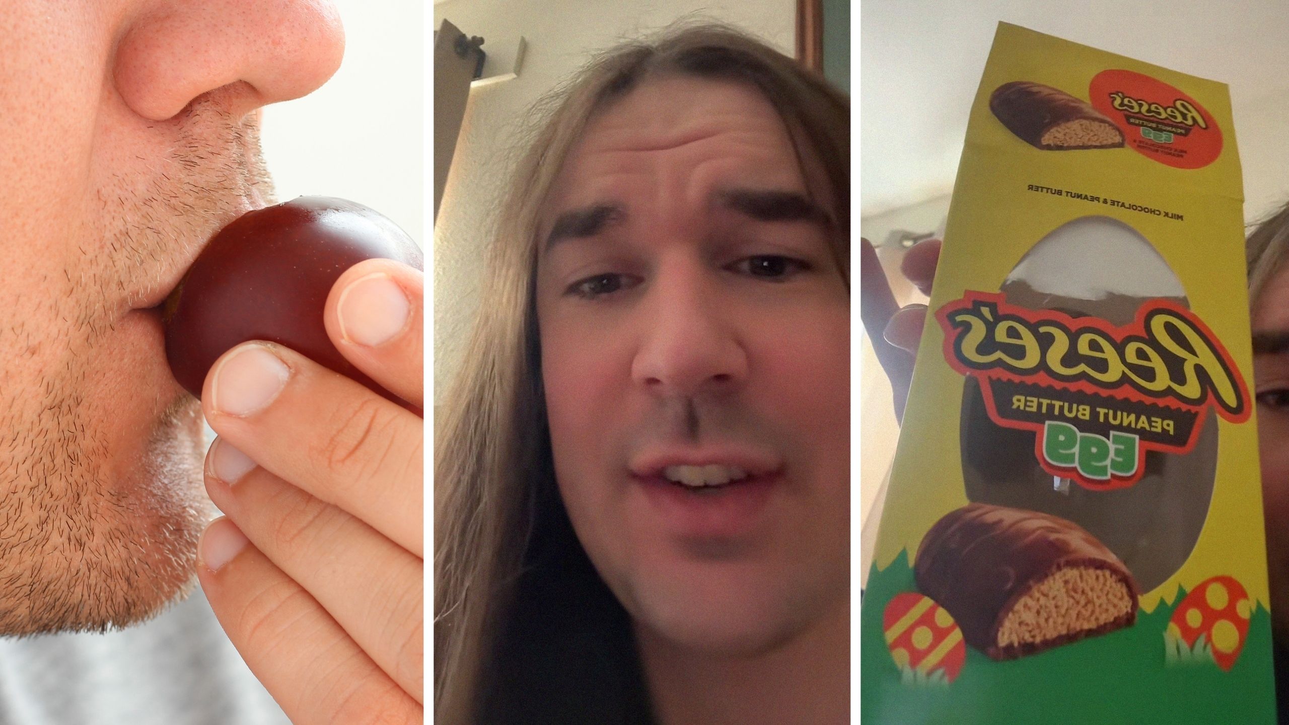 man eating chocolate (l) man shares chocolate issue (c) Reese's chocolate (r)