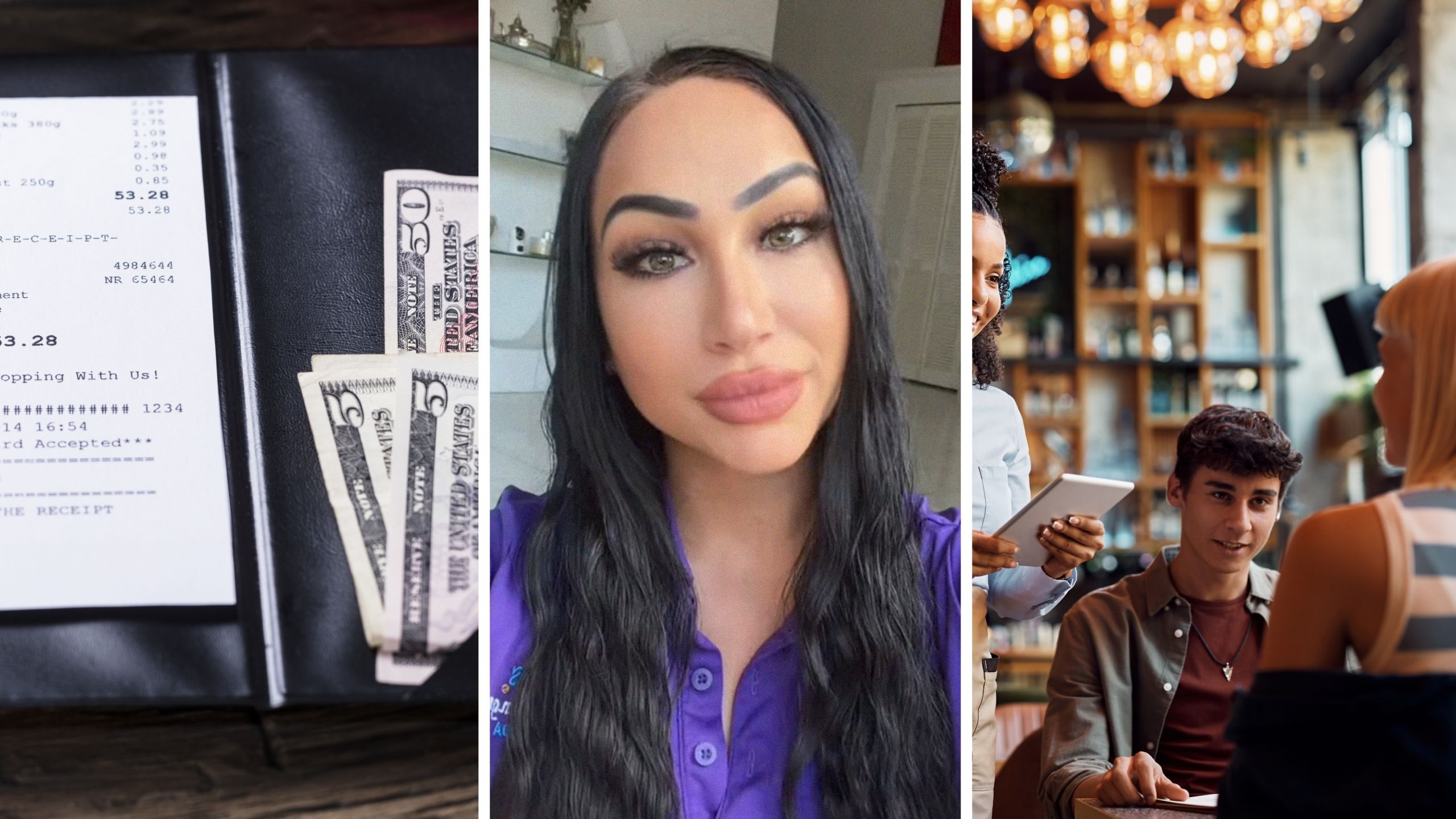 bill with tip on the side (l) woman shares a day in the job (c) woman serving couple (r)