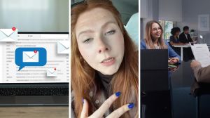 manager gets email (l) manager shares job issue with gen z (c) manager hires gen z (r)