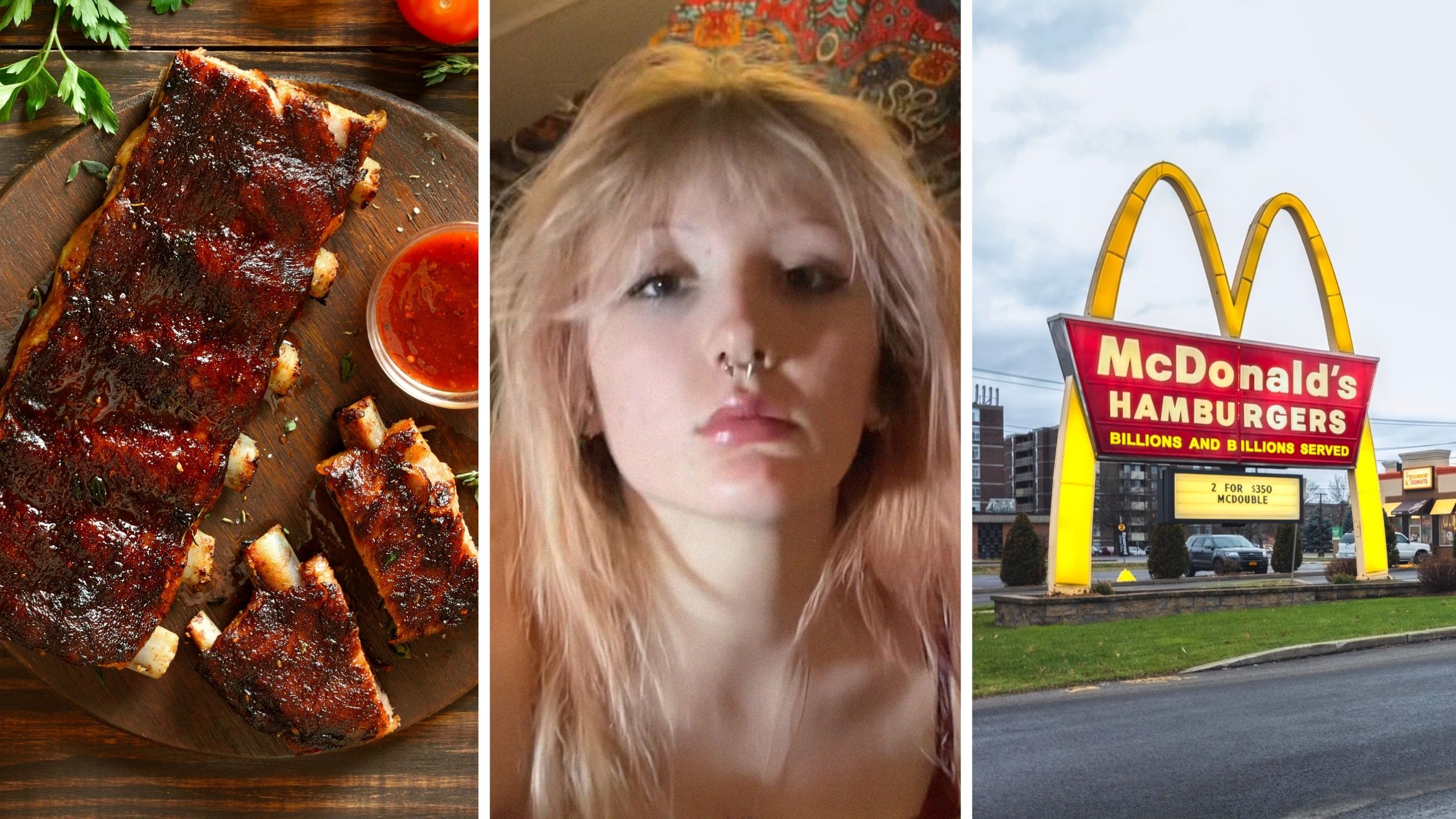 bbq ribs (l) woman exposes Mcdonalds ribs (c) McDonalds entrance (r)