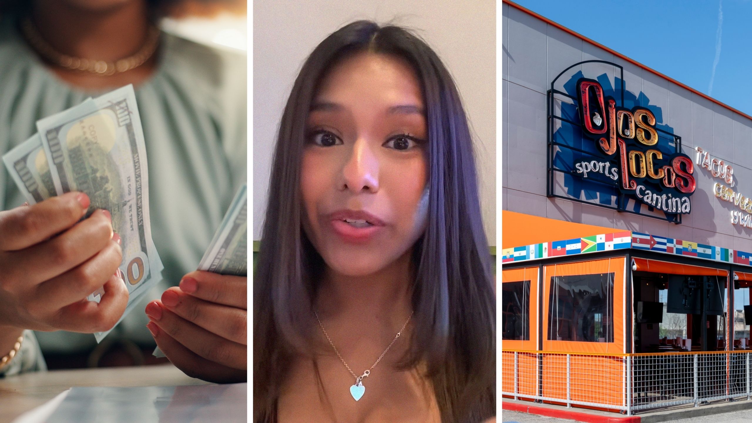 woman counting her tips (l) woman shares tips she gets at job (c) Ojos Locos entrance (r)