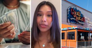 woman counting her tips (l) woman shares tips she gets at job (c) Ojos Locos entrance (r)