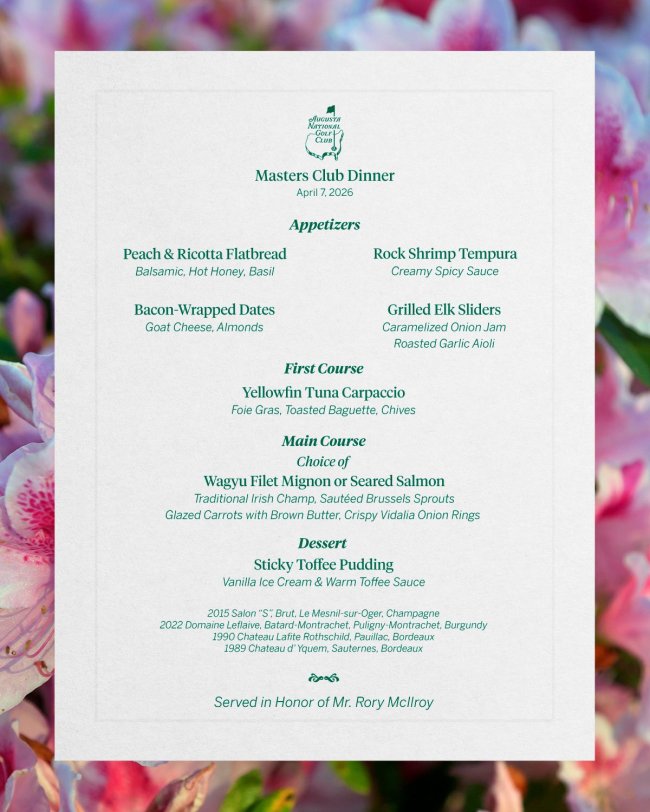 Rory McIlroy Masters dinner menu 2026