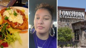 parmesan-chicken (l) woman shares parmesan crusted food opinion (c) Longhorn steakhouse front door (r)