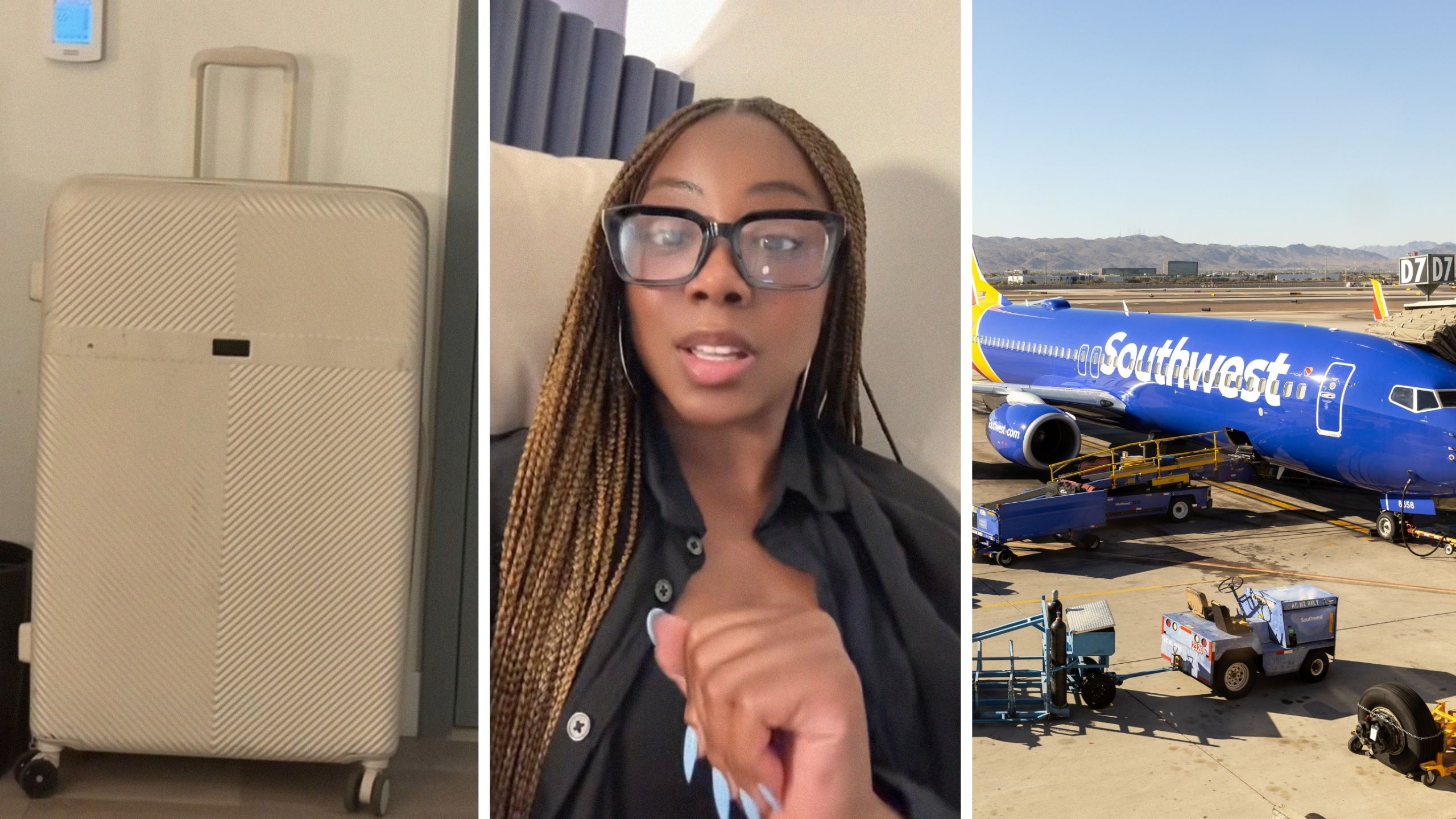 traveling bag (l) woman shares southwest airlines issue (c) Southwest airlines plane (r)