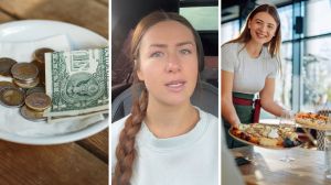 small tip (l) woman shares job experience (c) waitress serving table (r)