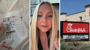 food order (l) woman shares Chick-fil-A experience (c) Chick-fil-A entrance (r)