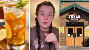 sweet tea drink (l) woman shares texas roadhouse experience (c) Texas roadhouse entrance (r)