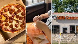 hot pizza (l) boy shares pizza order (c) Little Caesars entrance (r)