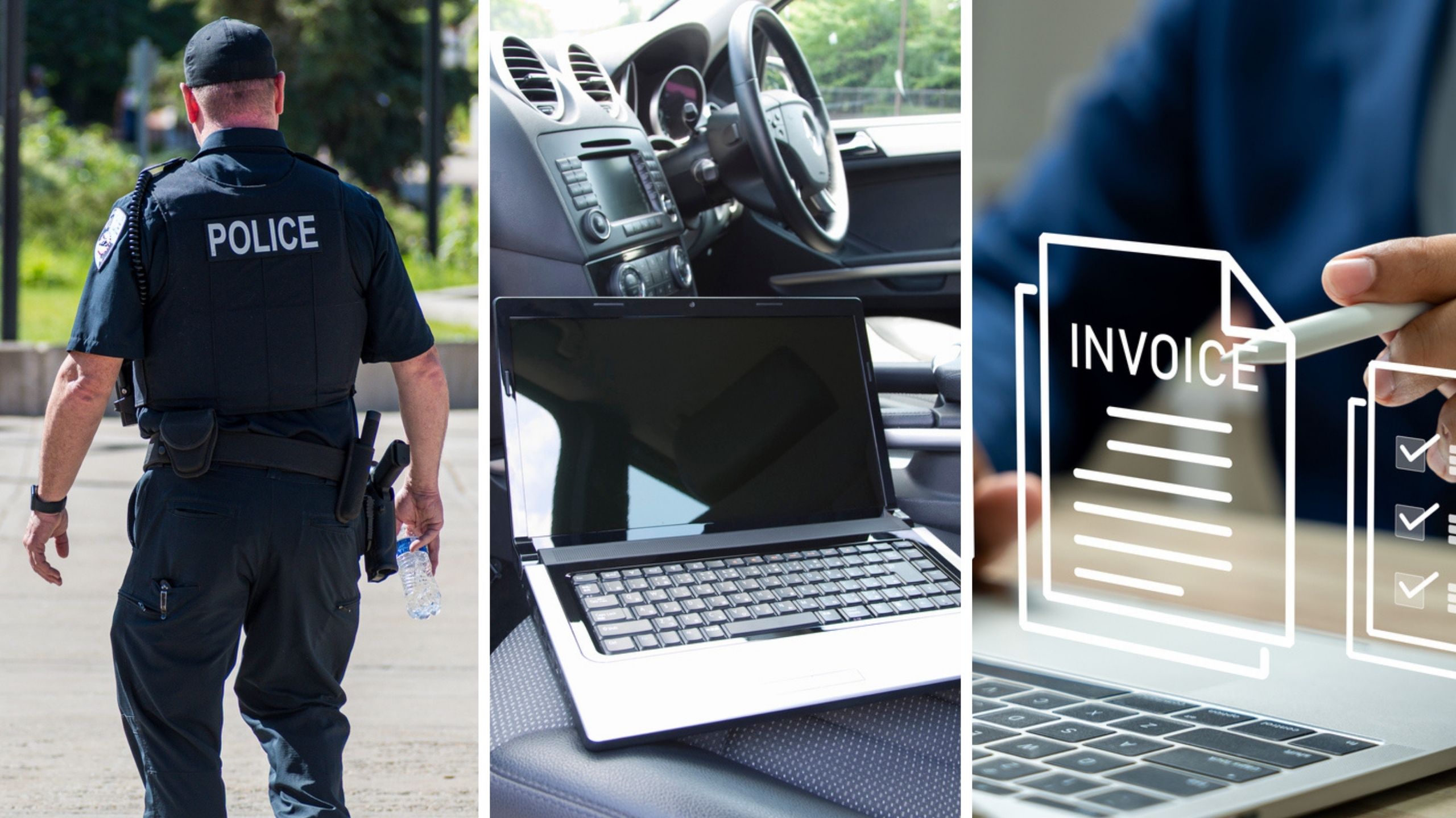 Police officer (l) laptop inside car (c) Invoice with total (r)