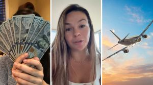 woman holding money (l) woman shares traveling hacks (c) flight on the go (r)