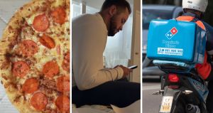 hot pizza (l) woman shares her husbands pizza delivery experience (c) Domino's pizza delivery guy (r)