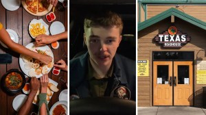 group goes out to eat (l) man shares dining out issue (c) texas roadhouse entrance (r)