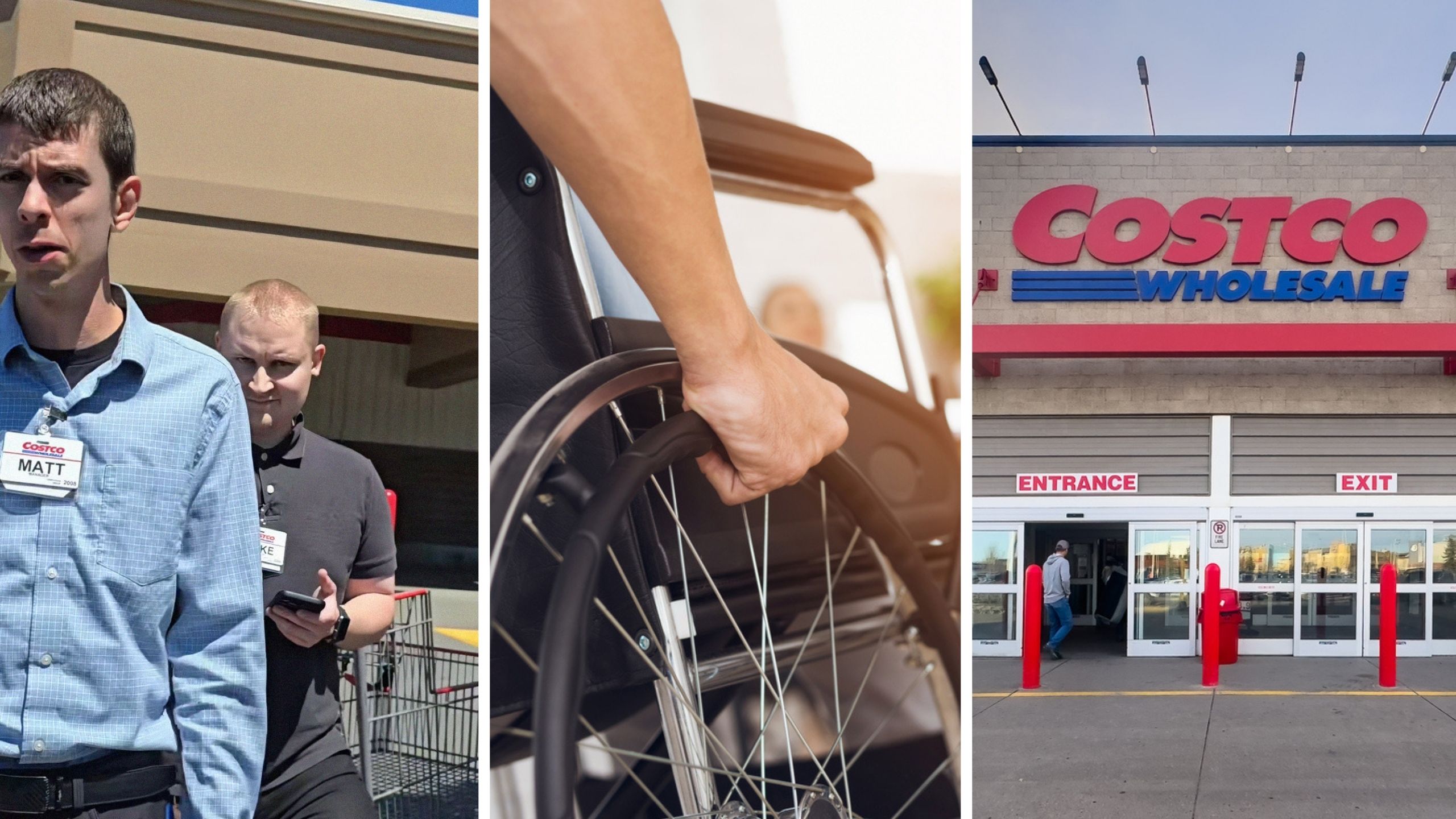 Costco workers (l) cancer patient in wheel chair (c) costco storefront (r)