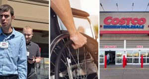 Costco workers (l) cancer patient in wheel chair (c) costco storefront (r)
