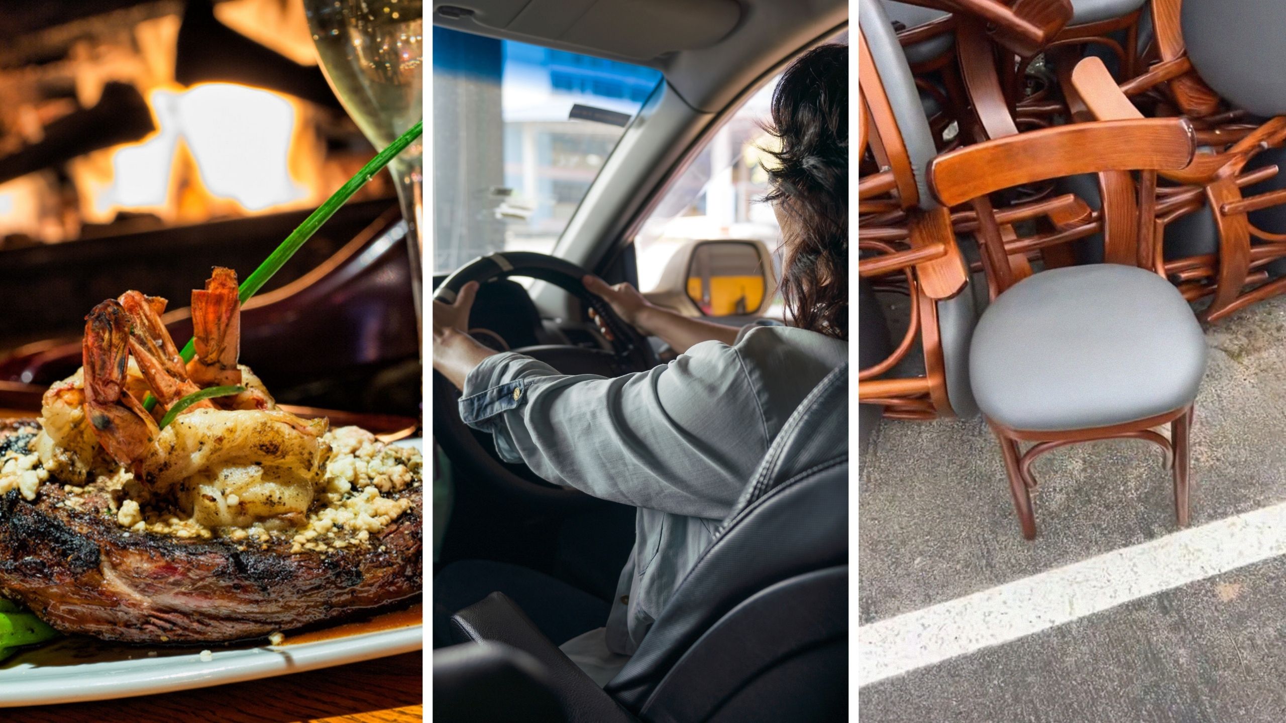 surf & turf plate (l) woman passes by popular restaurant (c) dining chairs (r)