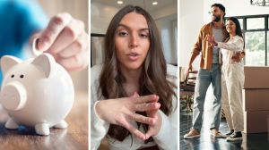 man saving (l) woman shares relationship moves (c) man moves in with woman (r)