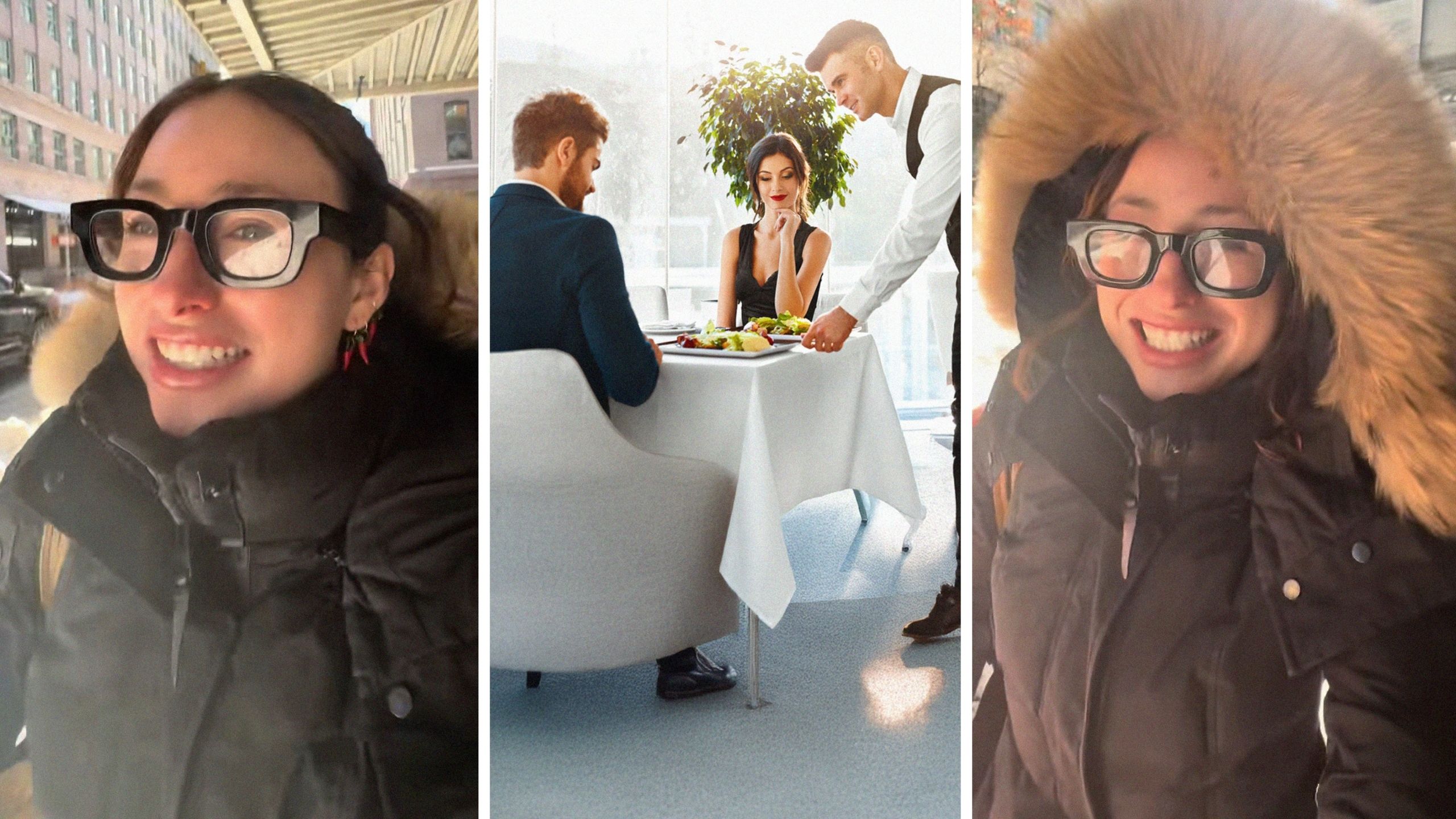 woman shares friend's date opinion (l) man and woman on fancy dinner (c) woman shares opinion on date request (r)