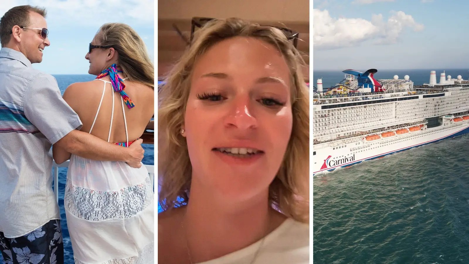 couple on cruise (l) woman shares cruise experience (c) Carnival cruise (r)