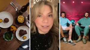 steak meal and sides (l) woman rates Travis Kelce and Patrick Mahomes-backed restaurant (c) Travis Kelce and Patrick Mahomes (r)