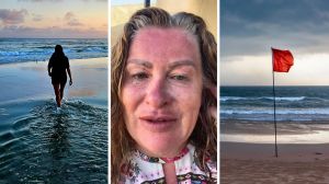 woman walking into beach (l) woman shares cabos experience (c) red flag at beach (r)