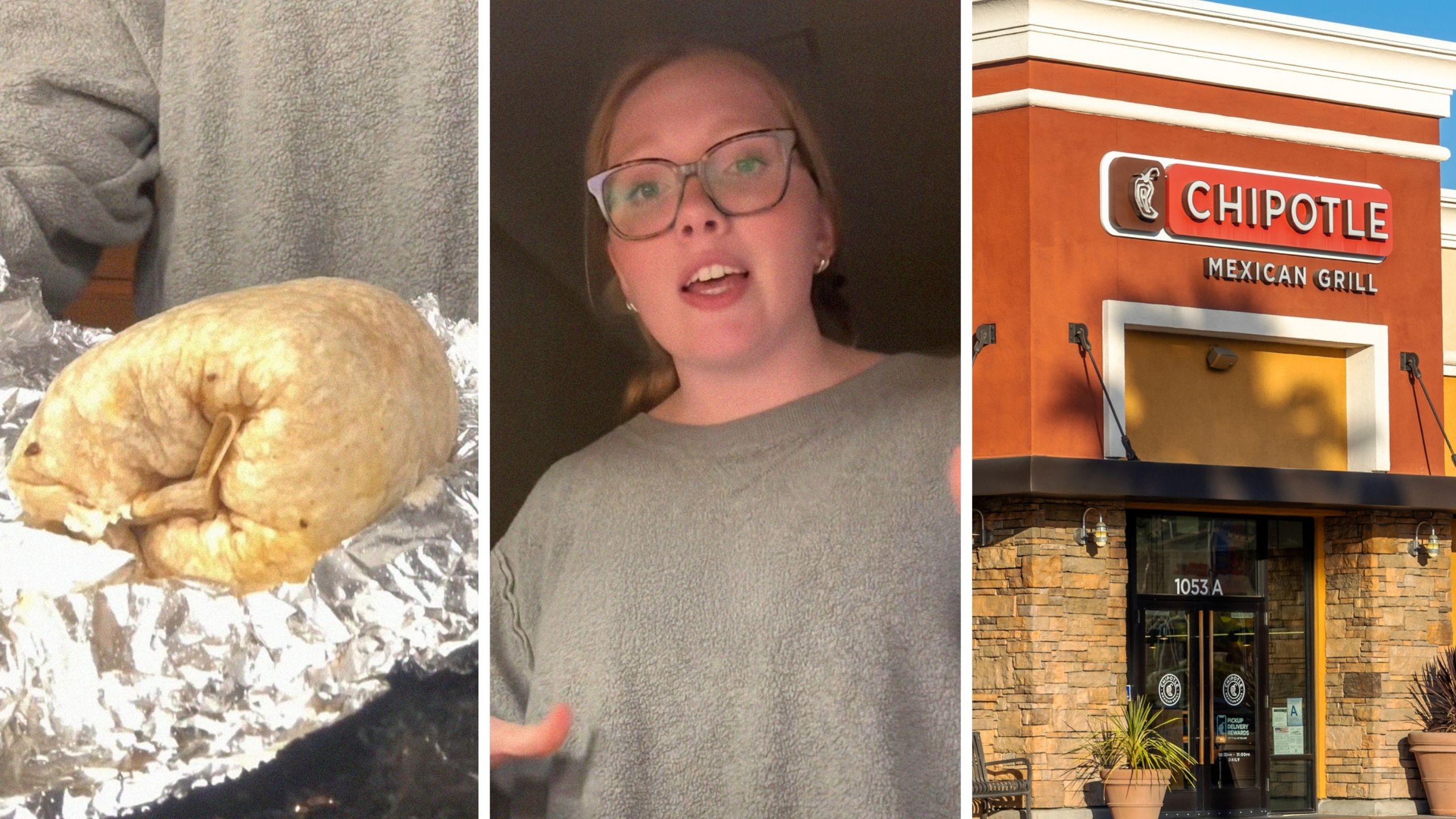 chipotle burrito (l) woman shares food order (c) Chipotle entrance (r)
