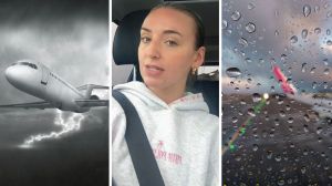 plane under a storm (l) woman shares flight experience (c) rainy plane window (r)
