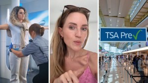 woman gets through TSA fast (l) woman shares traveling tips (c) TSA entrance (r)