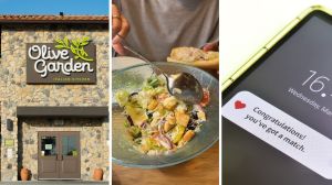 olive garden entrance (l) woman shares date experience (c) tinder app (r)