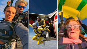 woman shares parachuting experience (l) people jumping off of plane (c) woman shares parachuting incident (r)