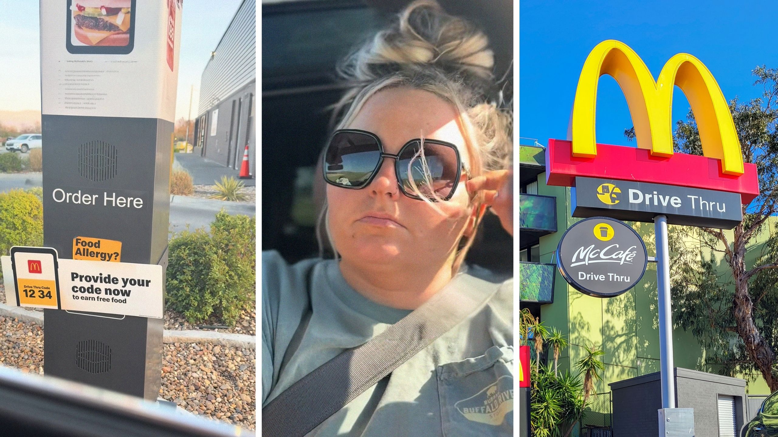 drive thru machine (l) woman shares drive thru experience (c) Mcdonalds drive thru (r)