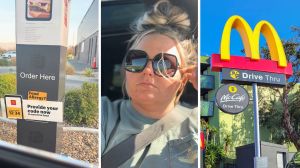 drive thru machine (l) woman shares drive thru experience (c) Mcdonalds drive thru (r)