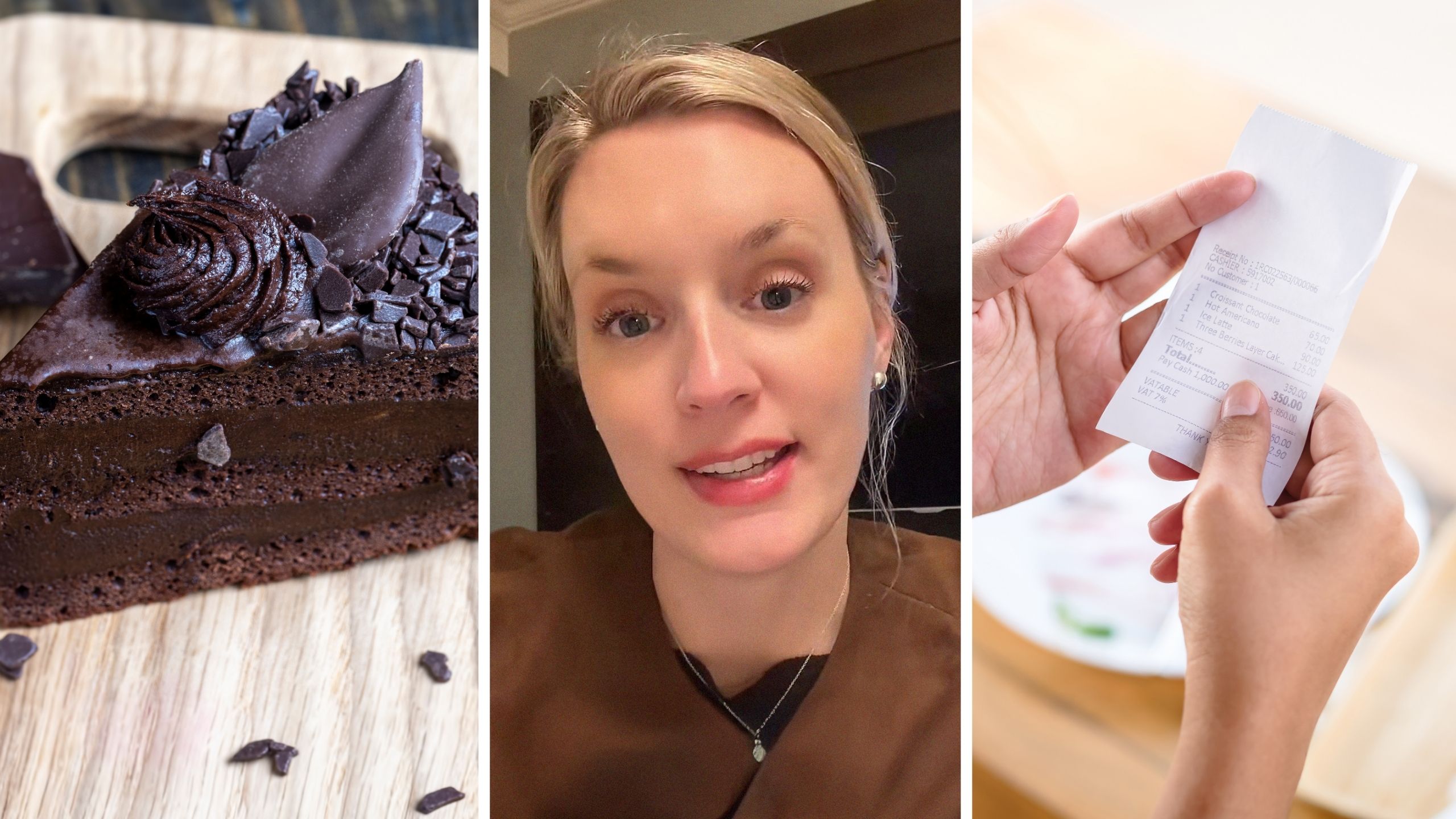large slice of chocolate cake (l) woman shares restaurant experience (c) woman checking her meal total (r)