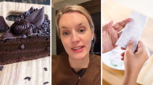 large slice of chocolate cake (l) woman shares restaurant experience (c) woman checking her meal total (r)