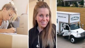 woman with her moving out boxes (l) woman shares moving company scam experience (c) All my sons moving company truck (r)